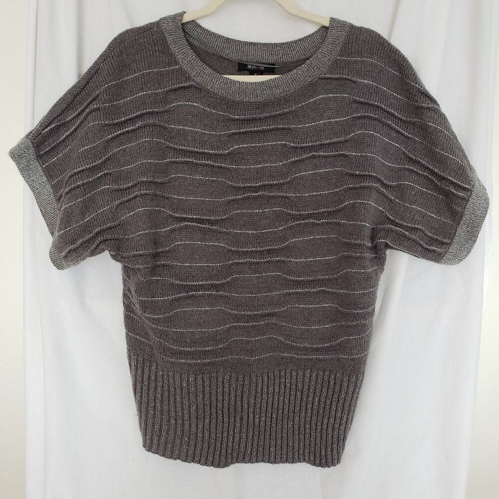 Woman Style and Co Grey Striped Sparkle Short Sleeve Top Blouse Size M